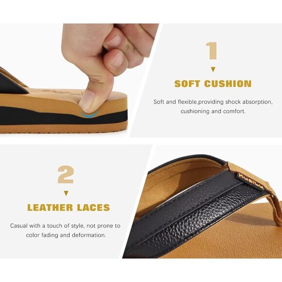 〽️Men\'s Flip Flop Sandal Black Khaki Leather Slip On Arch Support Comfort Shoes main image 4